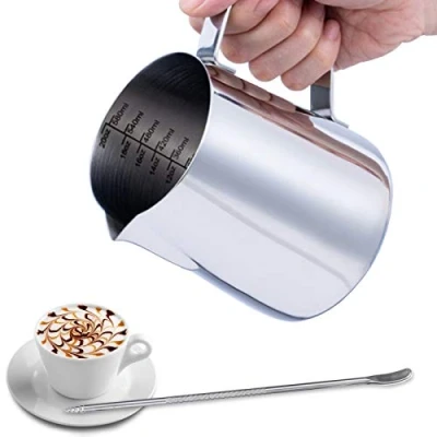 Afbeelding van Emsmil melkkannetje van roestvrij staal, 600 ml, met merk en latte maat, barista, voor espresso, cappuccino
