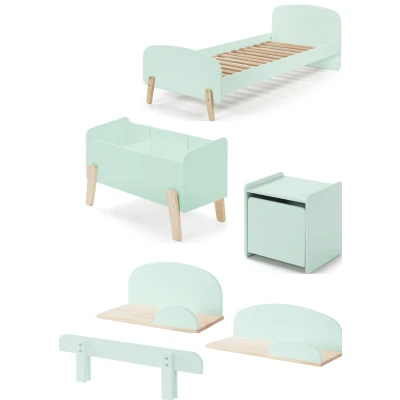 Afbeelding van LUCEVI Kiddy bed + Nachtkastje Hangplankjes Uitvalbeveiliging Speelkoffer Mint Groen 90x200 cm