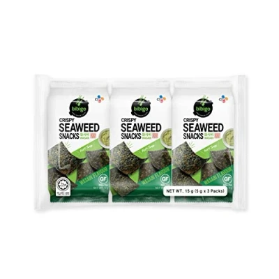 Afbeelding van Bibigo 3 verpakkingen van 5 g zeewier snack wasabi geroosterde stambladeren met ideaal als of bijgerecht