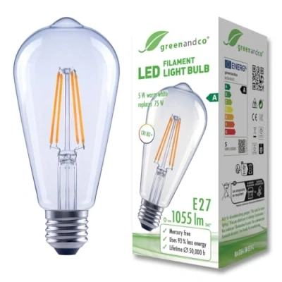 Afbeelding van greenandco Heldere led filamentlamp, E27, ST64, 5 W, 1055 lm, vervangt 75 2700 K, warmwit, 320 graden, 230 V, flikkervrij, energieklasse A, niet dimbaar