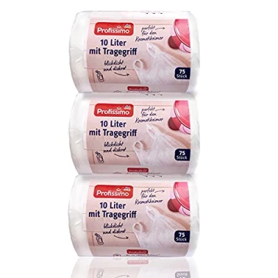 Afbeelding van Profissimo Vuilniszakken voor de badkamer, 225 stuks, met draaggreep, 10 liter, 3 x 75 cm, scheurvast en vloeistofdicht