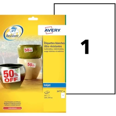 Afbeelding van Avery weerbestendige etiketten ft 210 x 297 mm (b h), 10 stuks, 1 per vel etiket