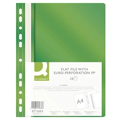Afbeelding van Q CONNECT KF15664 10 stuks kunststof mappen, A4, groen, geperforeerd, kunststof, met beschrijfbare strepen, transparant deksel, perforatie, Europese perforatie