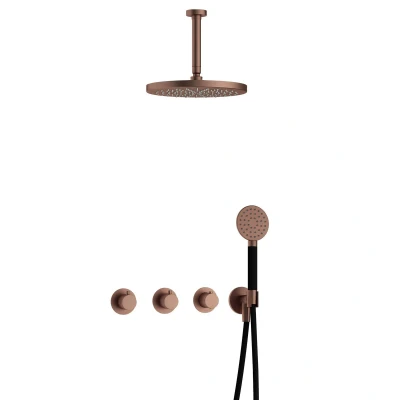 Afbeelding van Hotbath Cobber Regendoucheset IBS70 Geborsteld Koper PVD Ronde handdouche 30cm Hoofddouche 15cm Plafondbuis Handouche met wandhouder