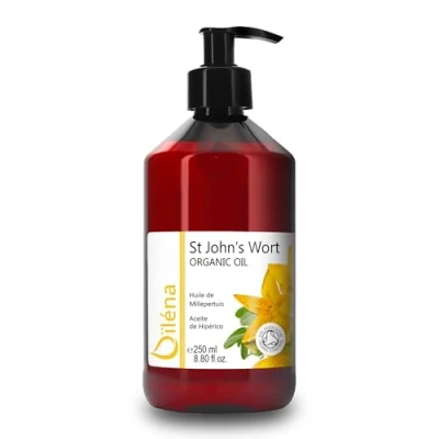 Afbeelding van Biologische sint janskruid rode olie, macerea in extra vierge olijfolie, verzorging van geïrriteerde huid, roodheid, littekens, striae 250 ml