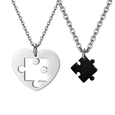 Afbeelding van Fu You 2 stuks halsketting voor koppels, geliefden, dames, heren, zilver, zwart, hanger, paar, 2, halsketting, hart, deelbaar, puzzelhanger, beste vriendin, vriendschapsketting