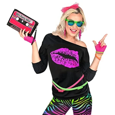 Afbeelding van W WIDMANN MILANO Party Fashion Modieus T shirt uit de jaren 80 voor meisjes, mouwloos shirt, motief: kiss, lippen, disco, neon, themafeest, carnaval