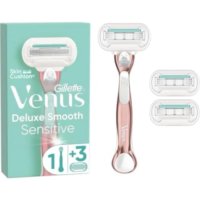 Image de Gillette Venus Deluxe Smooth Sensitive Rasoir Femme Manche Métal Or Rose + 3 Recharges
