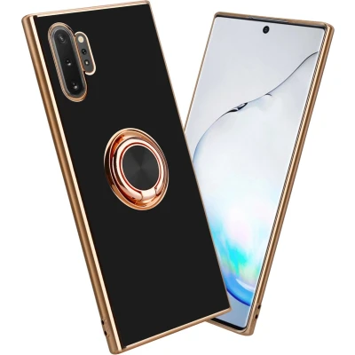 Afbeelding van Cadorabo Hoesje geschikt voor Samsung Galaxy NOTE 10 PLUS in Glossy Zwart Goud met ring Beschermhoes van flexibel TPU silicone Case Cover camerabescherming en magnetische autohouder