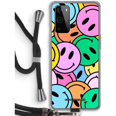 Afbeelding van Case Company® hoesje met Koord geschikt voor OnePlus 9 Pro Smiley N1 Telefoonhoesje Zwart Bescherming aan alle Kanten en Over de Schermrand