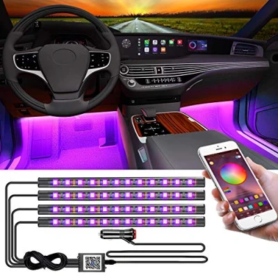 Afbeelding van YiLaie auto binnenverlichting, Bluetooth app, muziekritme, RGB ledlichtstrip voor interieur met sigarettenaansteker, lichtset