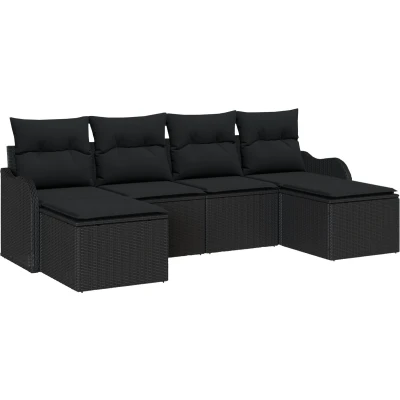 Afbeelding van vidaXL 6 delige Tuin Sofa Set met Kussens Zwart Poly Rattan, 2 Zits Opbergruimte &amp; Rattan