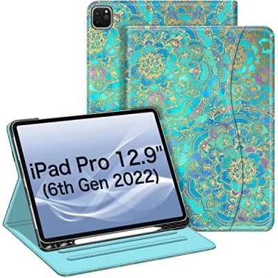 Afbeelding van FINTIE Hoes compatibel met iPad Pro 12,9 inch (2022/2021/2020/2018, 6e/5e/4e/3e generatie), intelligente meerhoekige standaard potloodhouder en zak, automatische slaap/wake, blauwe tinten