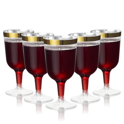 Afbeelding van MATANA 24 Herbruikbare Plastic Wijnglazen 170ml met Gouden Rand