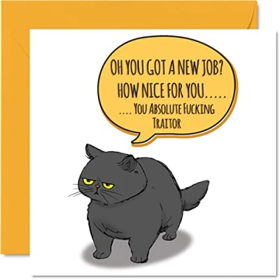 Afbeelding van grappige startkaart voor collega&#039;s, vrouwen en mannen brutale kat Sorry Your Leaving Good Luck In New Job Card 145 mm x wenskaarten grap, afscheidsgeschenken