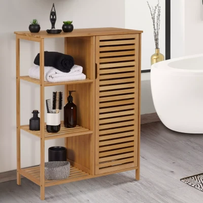 Image de Meuble de rangement bambou BEA salle bain 3 étagères avec placard