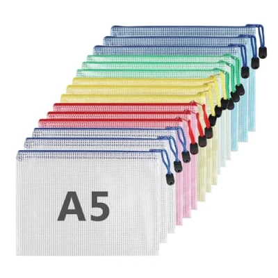 Afbeelding van 15 stuks documentenmappen met ritssluiting DIN A5 waterdicht kunststof documentenmap voor documenten, bonnetjes, papier, school, examenblad, cosmetica, reizen (5 kleuren)