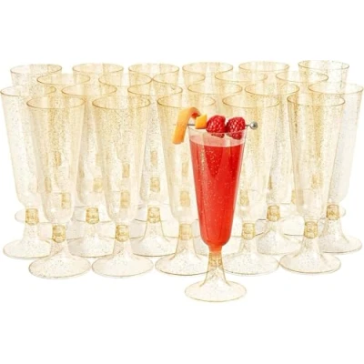 Afbeelding van MATANA 24 Herbruikbare Plastic Champagneglazen 150ml met Gouden Glitter