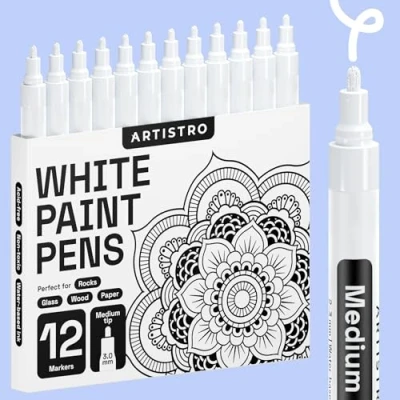 Afbeelding van Artistro Witte markers voor het schilderen op steen, keramiek, glas, hout, band, stof, metaal, canvas. Set van 12 viltstiften acrylverf waterbasis met medium punt (wit)