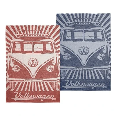 Afbeelding van BRISA VW Collection Volkswagen T1 Typ1 Campervan Klassik Bus theedoek (2 stuks) (strepen/rood en blauw)