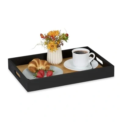 Afbeelding van Relaxdays dienblad bamboe 40,5 x 28 cm hoge rand rechthoekig serveerblad ontbijt