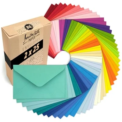 Afbeelding van Japun 50 gekleurde enveloppen in een set (2 x 25 kleuren) van papier, envelop zonder venster DIN B6 175 125 mm 120 g/m² gekleurd
