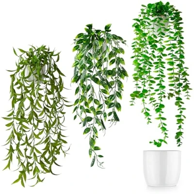 Afbeelding van PASCH® Set van 3 kunstmatige hangplanten (60 cm) in witte keramische potten: kunstplanten zoals echte kunsthangplanten Kunstplant hangend