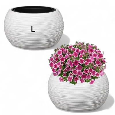 Afbeelding van MELTOM Bloempot, kunststof, met uitneembare binnenpot, rond, gegroefd, wit, maat L