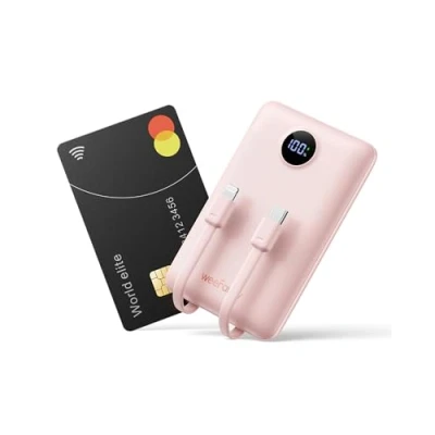 Afbeelding van WeeFancy Externe accu, 10.000 mAh, powerbank, 22,5 W, snel opladen, PD QC, met geïntegreerde kabel, USB C/Lightning uitgang, mini dun, draagbaar, led display, compatibel