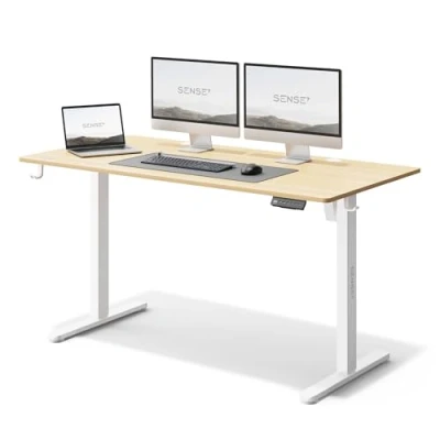 Afbeelding van SENSE7 NOJO Bureau Computerbureau Gamingbureau 140 x 70 cm Elektrische Hoogteverstelling Geheugenfunctie Hoofdtelefoonhouder Kabelopbergsysteem wit / lichtbruin