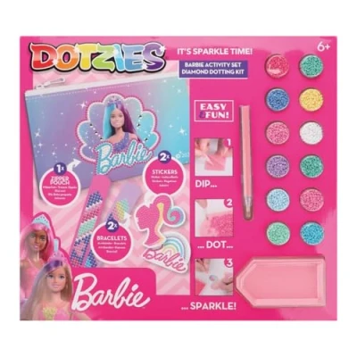 Afbeelding van Diamond Dotz Barbie Megapack DOTZIES 5 delig Painting 1 Etui, 2 Armbandjes 21 x 2cm, Stickers 1.339 Complete DIY Set Voor Kinderen Vanaf 6 Jaar Roze