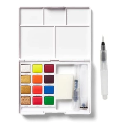 Afbeelding van Sakura Koi Water Colors pocketbox 12 aquarel napjes metallic kleuren met Brush
