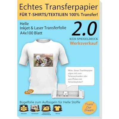 Afbeelding van TransOurDream 100 stuks transfervellen voor inkjet en laserprinters, DIN A4 x 100, bedrukbare strijkfolie lichte T shirts/textiel, inkjetprinters