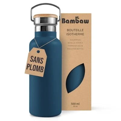 Afbeelding van Bambaw® 500ml RVS Thermosfles Dubbelwandig, Milieuvriendelijk, Lekvrijen, loodvrij en Plasticvrij Geïsoleerde Fles met Bamboe Deksel voor Warme Koude Dranken Ideaal Reizen, Werk, Yoga, Wandelen Dagelijks Gebruik blauw