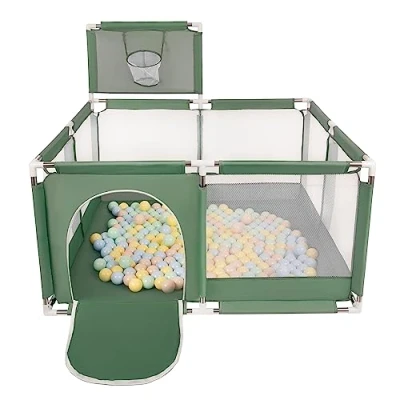 Afbeelding van Selonis Kinderbox met Mand en 200 Ballen, Groen:Pastel Beige/Pastelblauw/Pastelgeel/Mint