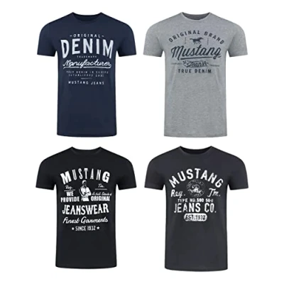 Afbeelding van MUSTANG Set van 4 T shirts voor heren, bedrukt op de voorkant, ronde hals, korte mouwen, regular fit, 100% katoen, zwart, wit, grijs, blauw, groen, maten S, M, L, XL, XXL, 3XL, 4XL, 5XL, 6XL
