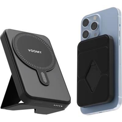 Afbeelding van Voomy Draadloze Powerbank 6000 mAh Geschikt voor Magsafe iPhone 12, 13, 14, 15 20W USB C Snellader Telefoon standaard Zwart