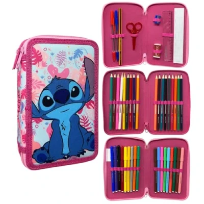 Afbeelding van CARTOON etui met 3 ritssluiting, compleet, 44 stuks, schrijfwaren, meerdere vakken, kleurpotloden, viltstiften, giotto voor school, Steek Rose,