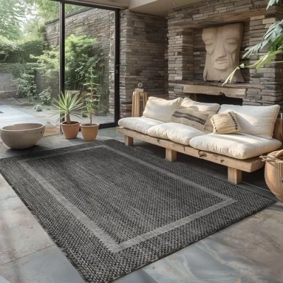 Afbeelding van Buitentapijt, effen, weerbestendig, voor terras, balkon, tuin, keuken, sisal look, zwart, afmetingen: 280 x 370 cm