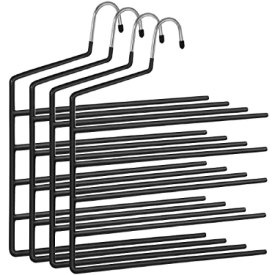 Afbeelding van SONGMICS Broekhanger ruimtebesparend, set van 4, meerdere hangers, open uiteinde, antislip, voor elk 5 broeken, jeans, handdoeken, sjaals, zwart CRI034B02