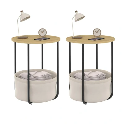 Image de Lot de 2 tables chevet, d&#039;appoint, bout canapé DETROIT rondes avec panier en tissu design industriel
