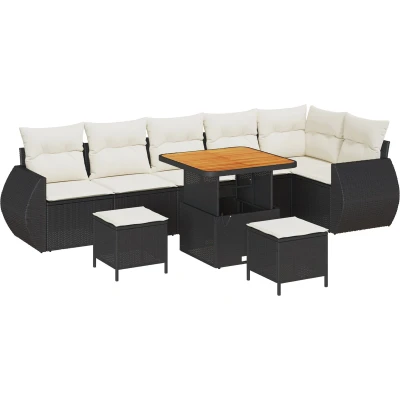 Afbeelding van vidaXL 9 delige Tuin Sofa Set met Kussens Zwart Poly Rattan Acacia, 3 Eet Acacia