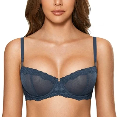 Afbeelding van DOBREVA Vrouwen Sexy Kant Ongevoerd Onderdraad Balconette See Through Sheer Bra, Sargasso, 85B