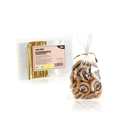 Afbeelding van com four® 100 x transparante cellofaanzakken als voedselzakken bodemzakken met bindbanden kleine zakjes voor koekjes, snoep en producten