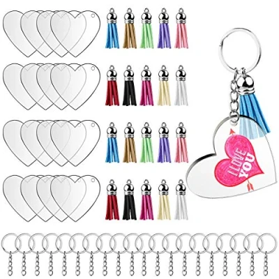 Afbeelding van 60 stuks acryl sleutelhangers set voor het maken van pompons transparant rond perfect om te knutselen hartvormige sleutelhanger
