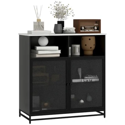 Afbeelding van HOMCOM Buffet Opbergkast met dienblad in marmerlook en dubbele roosterdeur, voor woonkamer of keuken, 86 x 40 90 cm, wit zwart