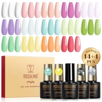 Afbeelding van ROSALIND 18 stuks uv gelnagellak, pastel, wit, roze, nude, paars, blauw, groen, geel, oranje, mini nagellak, voor lente en zomer, cadeau