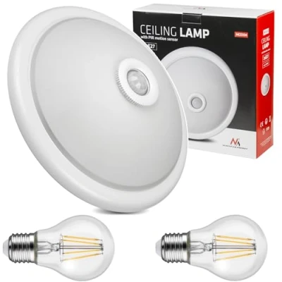 Afbeelding van Maclean Plafondlamp met een PIR bewegings en schemersensor + 2 E27 4W gloeilampen 40W, E27, 220 240V 50/60Hz