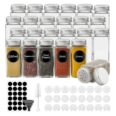 Afbeelding van Withosent kruidenpotjes, 120 ml, glas, 24 stuks, vierkante met luchtdicht deksel, kruidenpotje, keuken, bewaren zeef, etiketten, trechter