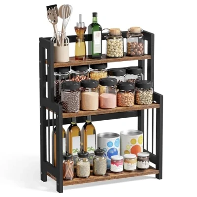 Afbeelding van SONGMICS Kruidenrek met 3 niveaus, keukenplank, opbergrek, voor aanrecht, bamboerek, keuken, eetkamer, kantoor, vintage bruin zwart OFS047B01